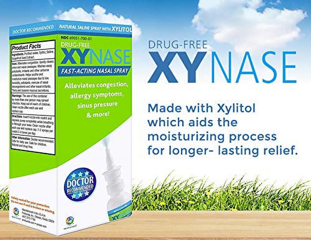 Xynase® Natural Saline Nasal Spray with Xylitol (0.75 fl oz) - Gentle Relief for Congestion, Allergies, and Sinus Pressure, Safe for All Ages